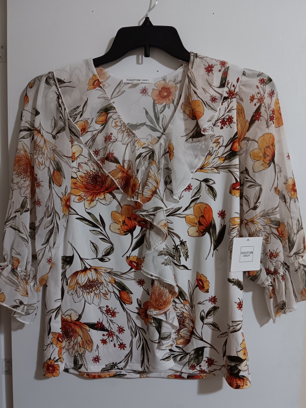 PerSeption Concept White Blouse with Orange & Green Floral Ruffles